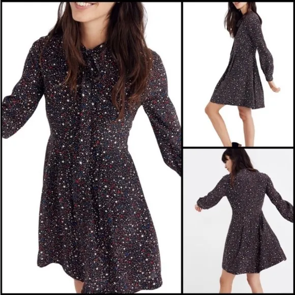 Madewell - Balsam Long Sleeve Tie Neck Dress in Starry Night