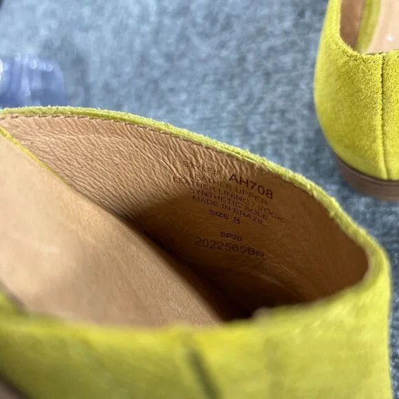 Madewell D’Orsay Flats Womens 8 Chartreuse Suede Leather Pointed Toe Snakeskin