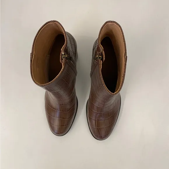 Madewell || The Mira Side-Seam Ankle Boots Croc Embossed Leather Brown 8