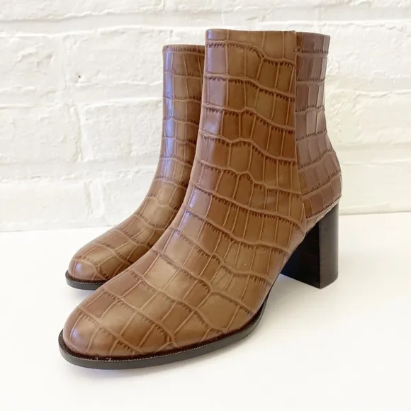 Madewell || The Mira Side-Seam Ankle Boots Croc Embossed Leather Brown 8