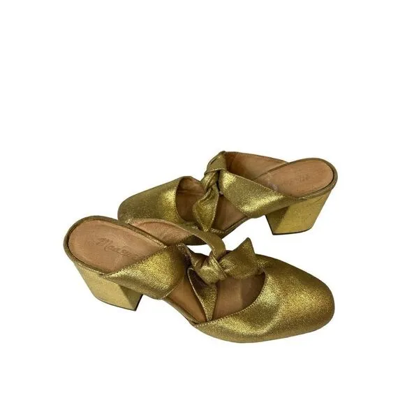 Madewell The Zoe Bow Mule in Gold Metallic Leather Round Toe Block Heel sz 10