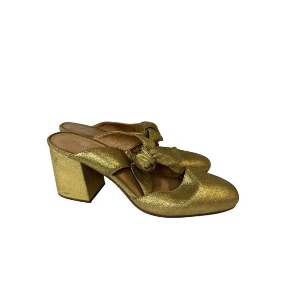 Madewell The Zoe Bow Mule in Gold Metallic Leather Round Toe Block Heel sz 10