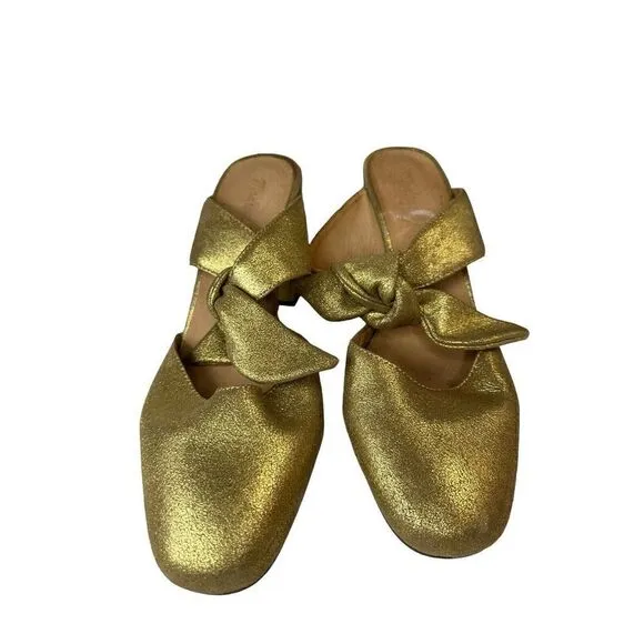 Madewell The Zoe Bow Mule in Gold Metallic Leather Round Toe Block Heel sz 10