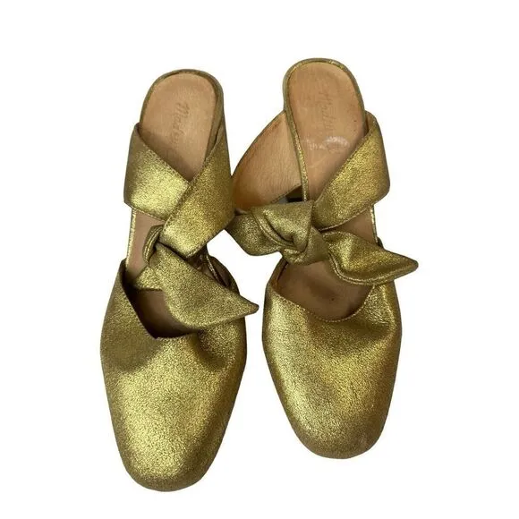 Madewell The Zoe Bow Mule in Gold Metallic Leather Round Toe Block Heel sz 10