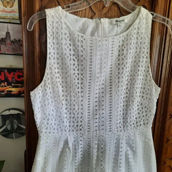 MADEWELL White Eyelet Trail Mini Sleeveless Sheath Dress with Pockets! - 6