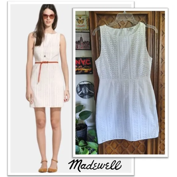 MADEWELL White Eyelet Trail Mini Sleeveless Sheath Dress with Pockets! - 6