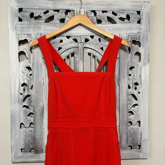Maeve Alessandra Tangerine Orange/Red Square Neck Textured Cross-Back Midi Dress