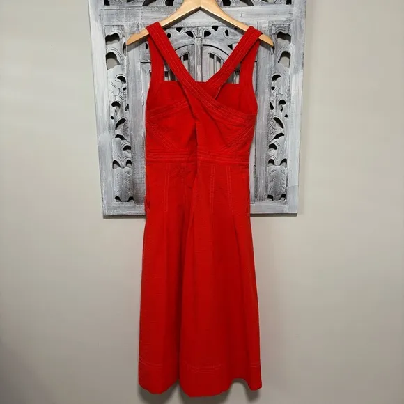 Maeve Alessandra Tangerine Orange/Red Square Neck Textured Cross-Back Midi Dress