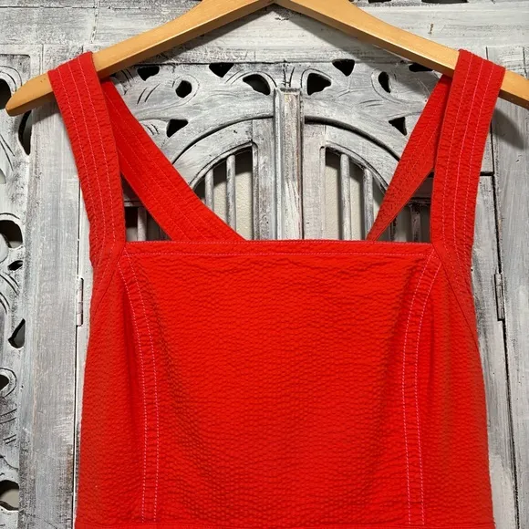 Maeve Alessandra Tangerine Orange/Red Square Neck Textured Cross-Back Midi Dress