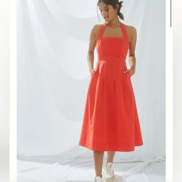 Maeve Alessandra Tangerine Orange/Red Square Neck Textured Cross-Back Midi Dress