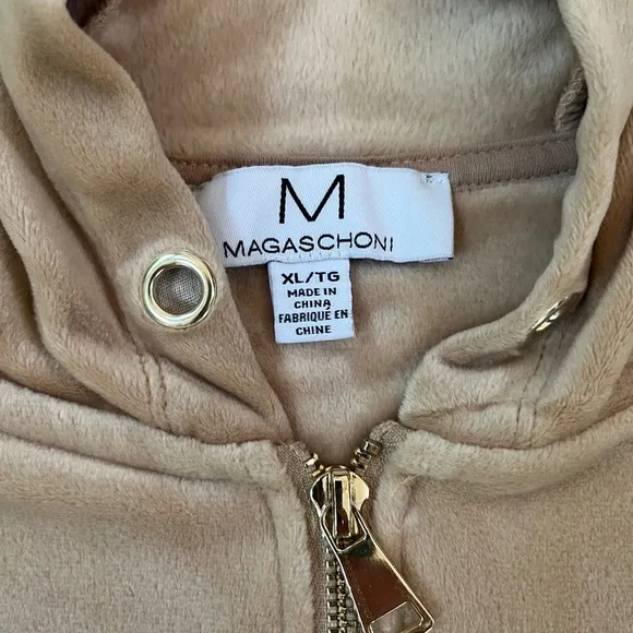 Magaschoni Hoodie Velour Teddy Jacket Zip Terry Jacket Taupe Beige Fall, Size XL