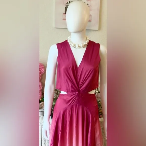 Maje Rose Recia Sleeveless V - Neck Cutout Maxi Dress Pink Ombre Color Size M