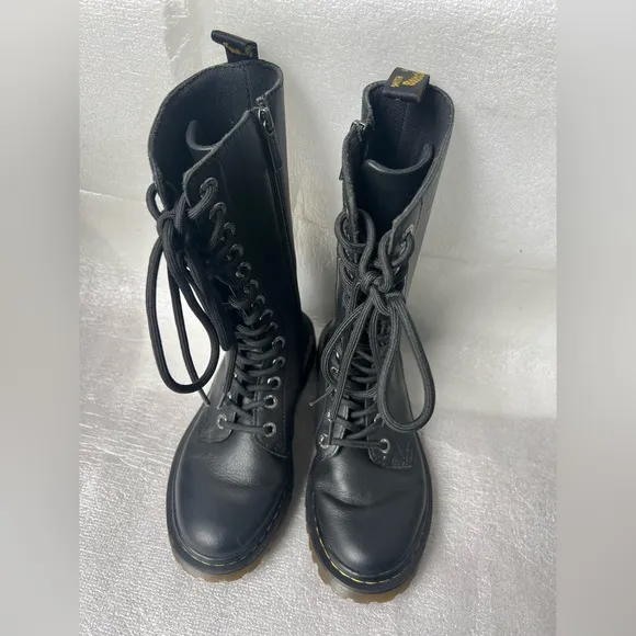 Martens Luana Tall Black Leather Combat Boots Size 5 (EU 36) Zipper Side