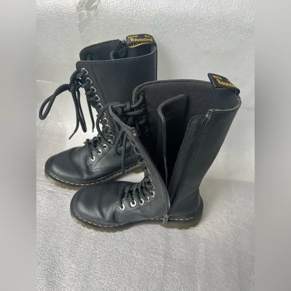 Martens Luana Tall Black Leather Combat Boots Size 5 (EU 36) Zipper Side