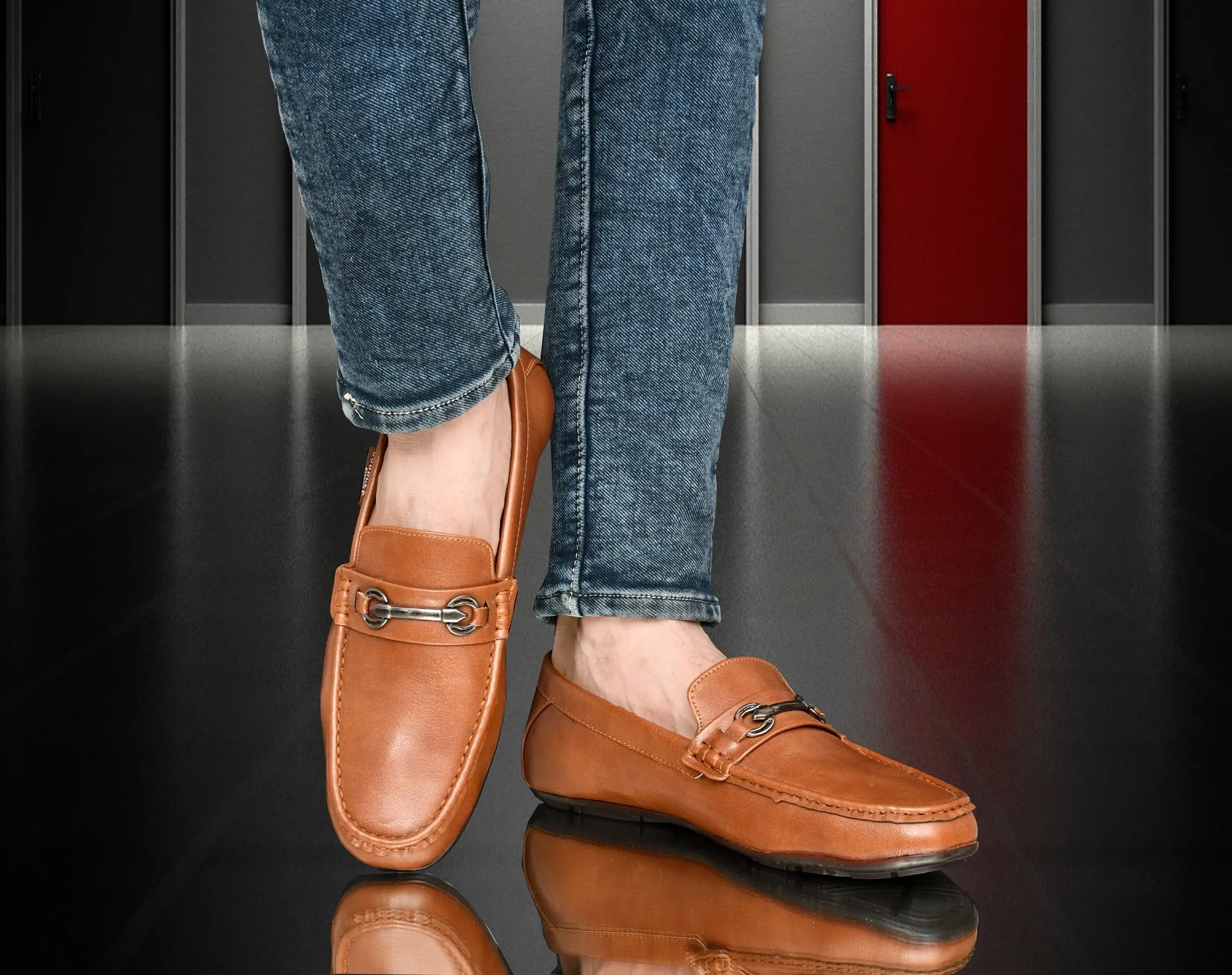 Matte Look Moccasins for Men with Metallic Buckle  Tan