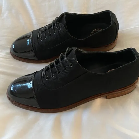 MEANDHER Black LULU OXFORD BROGUE STYLE Grosgrain with Patent Leather Toe Cap