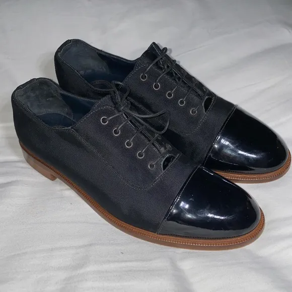 MEANDHER Black LULU OXFORD BROGUE STYLE Grosgrain with Patent Leather Toe Cap