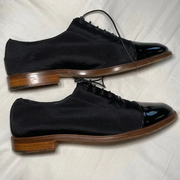 MEANDHER Black LULU OXFORD BROGUE STYLE Grosgrain with Patent Leather Toe Cap