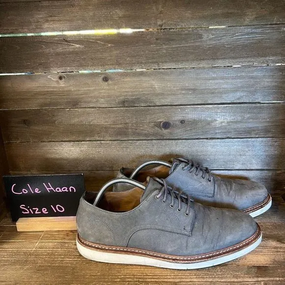 Mens Cole Haan Tanner Plain Toe Gray Suede Derby Comfort Shoes Sneakers Size 10M