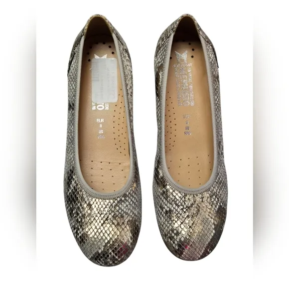 Mephisto Emilie Leather Air-Relax Snakeskin Pattern Ballet Flats Sz 10.5 Gold