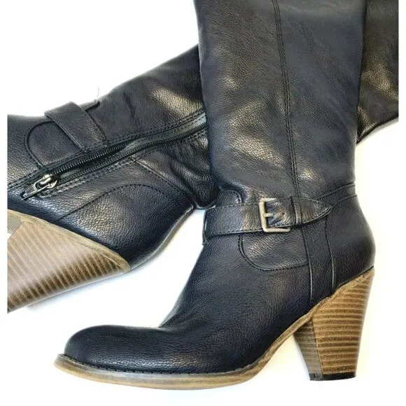 MIA Farley Over The Knee Heeled Boots Solid Black Buckle Accent Side Zip Sz 6.5