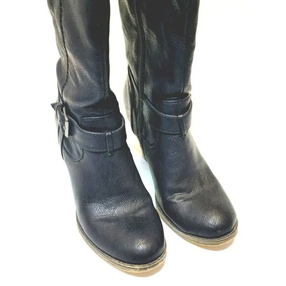 MIA Farley Over The Knee Heeled Boots Solid Black Buckle Accent Side Zip Sz 6.5