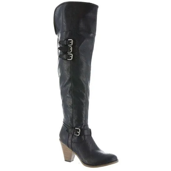 MIA Farley Over The Knee Heeled Boots Solid Black Buckle Accent Side Zip Sz 6.5