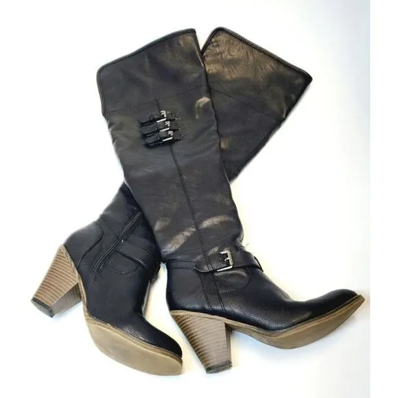 MIA Farley Over The Knee Heeled Boots Solid Black Buckle Accent Side Zip Sz 6.5