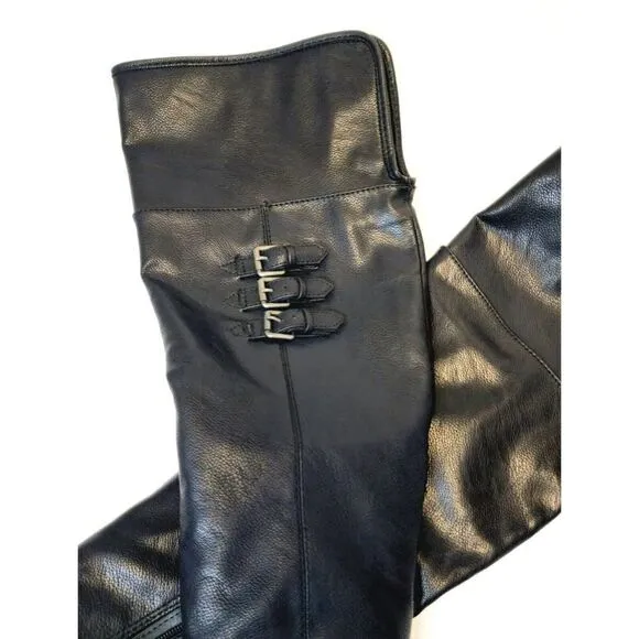 MIA Farley Over The Knee Heeled Boots Solid Black Buckle Accent Side Zip Sz 6.5