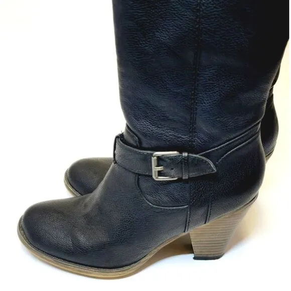 MIA Farley Over The Knee Heeled Boots Solid Black Buckle Accent Side Zip Sz 6.5
