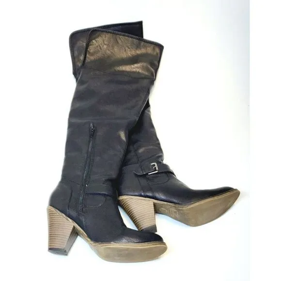 MIA Farley Over The Knee Heeled Boots Solid Black Buckle Accent Side Zip Sz 6.5