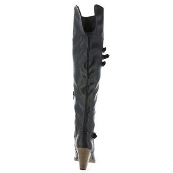 MIA Farley Over The Knee Heeled Boots Solid Black Buckle Accent Side Zip Sz 6.5