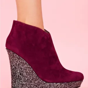 MICHAEL ANTONIO ULTRASUEDE BURGUNDY WEDGE PLATFORM BOOTIES SIZE 8 PURPLE