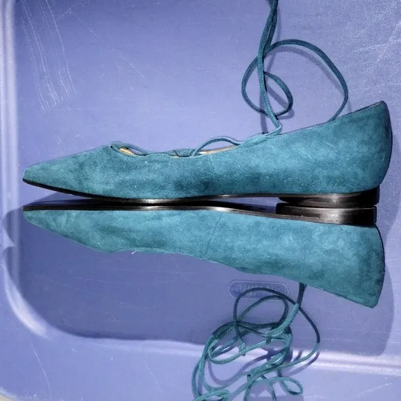 Michael Kors Collection Kallie Runway Suede ankle tie flats 38.5 blue Italy Nwot