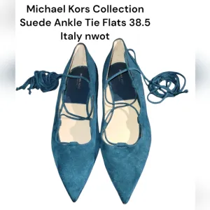 Michael Kors Collection Kallie Runway Suede ankle tie flats 38.5 blue Italy Nwot