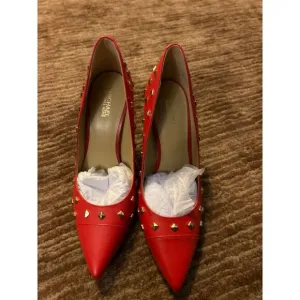 Michael Kors Red Leather Studded Pointed Flats with‎ Gold Hardware