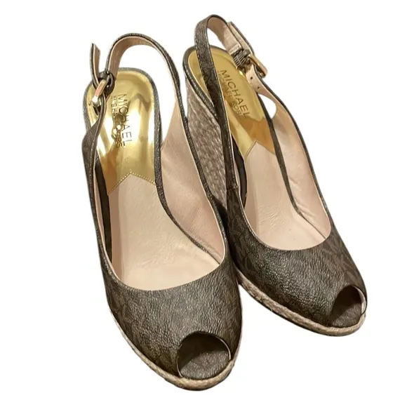 MICHAEL KORS | Women’s Brown MK Signature PVC Keegan Slingback Wedges Size 8