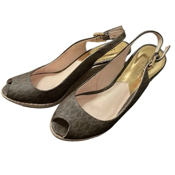 MICHAEL KORS | Women’s Brown MK Signature PVC Keegan Slingback Wedges Size 8