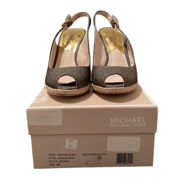 MICHAEL KORS | Women’s Brown MK Signature PVC Keegan Slingback Wedges Size 8