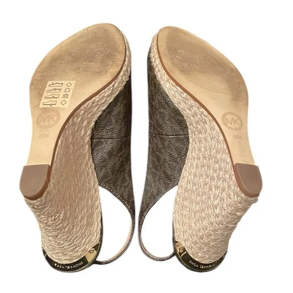 MICHAEL KORS | Women’s Brown MK Signature PVC Keegan Slingback Wedges Size 8