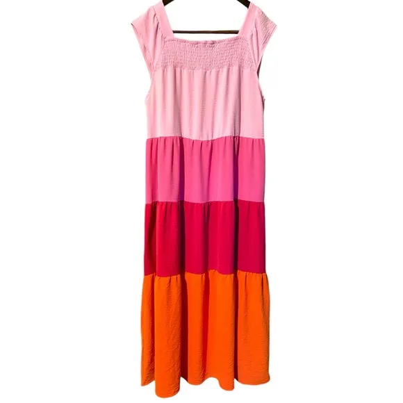 Michelle McDowell Ellis Fly Pink Orange Red Color Block Midi Dress NWOT