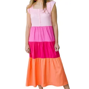 Michelle McDowell Ellis Fly Pink Orange Red Color Block Midi Dress NWOT