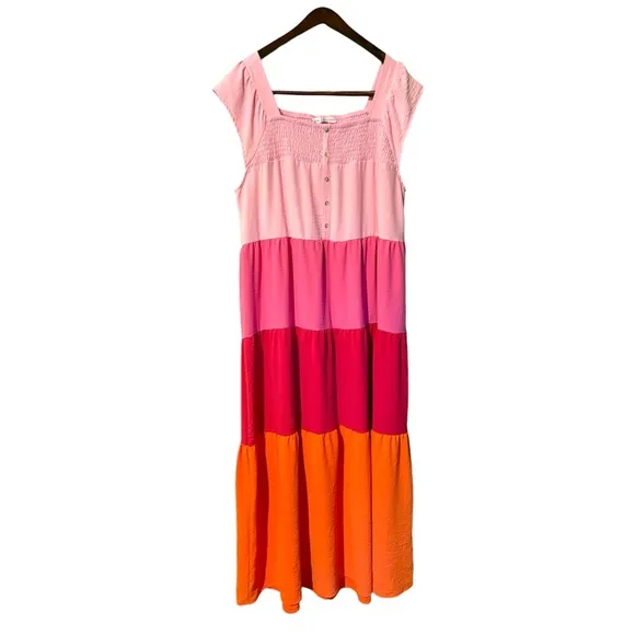 Michelle McDowell Ellis Fly Pink Orange Red Color Block Midi Dress NWOT