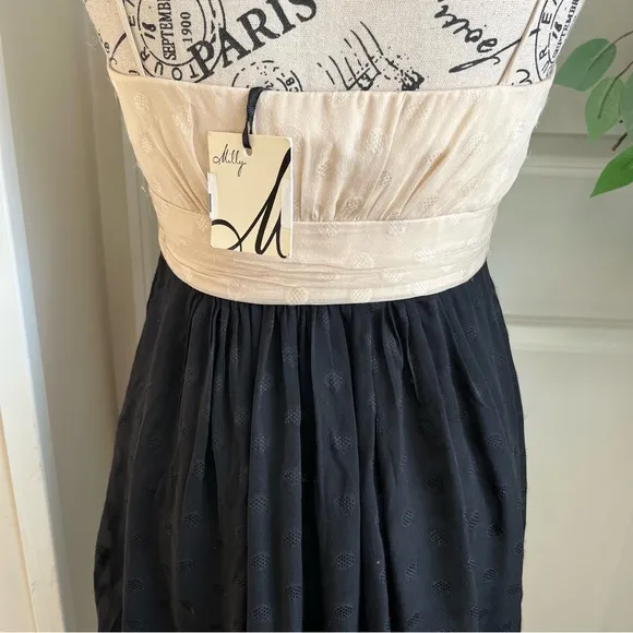 Milly of NY Silk Colorblock Empire Waist Polka Dot Dress Black Cream Sz 2
