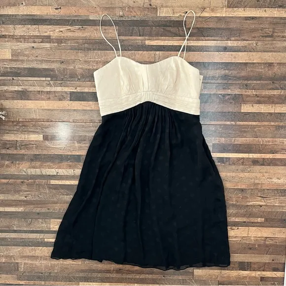Milly of NY Silk Colorblock Empire Waist Polka Dot Dress Black Cream Sz 2