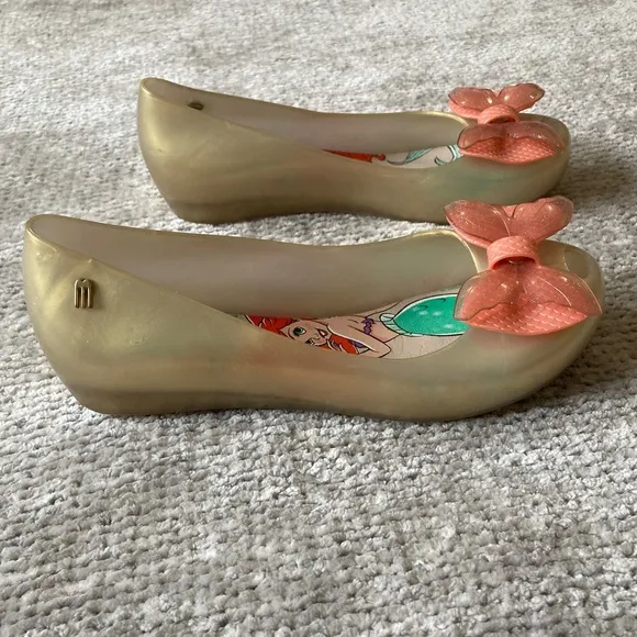 Mini Melissa Disney Little Mermaid Ariel Sparkle Bow Flats Girls Sz 3 Gold Pink