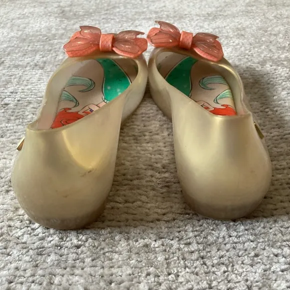 Mini Melissa Disney Little Mermaid Ariel Sparkle Bow Flats Girls Sz 3 Gold Pink