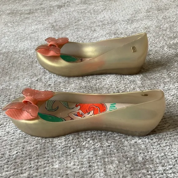 Mini Melissa Disney Little Mermaid Ariel Sparkle Bow Flats Girls Sz 3 Gold Pink
