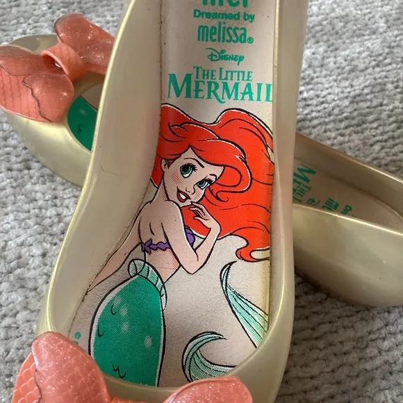 Mini Melissa Disney Little Mermaid Ariel Sparkle Bow Flats Girls Sz 3 Gold Pink