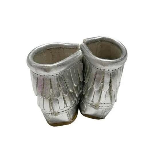 Minnetonka Kids Double Fringe Side Zip Moccasin Boots Metallic Silver